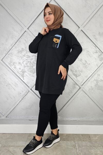 KADIN DÜĞME VE TAŞ DETAYLI TESETTÜR TUNİK SİYAH - 2XL