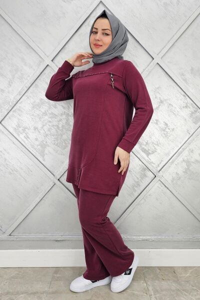 KADIN DÜĞME VE TAŞ DETAYLI TESETTÜR TAKIM BORDO - 2 BEDEN