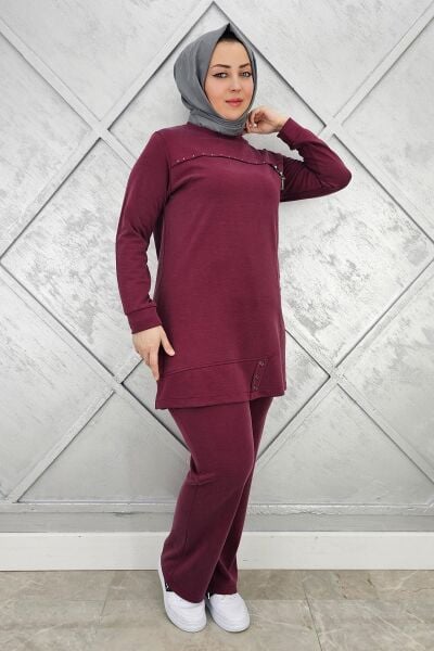 KADIN DÜĞME VE TAŞ DETAYLI TESETTÜR TAKIM BORDO - 2 BEDEN