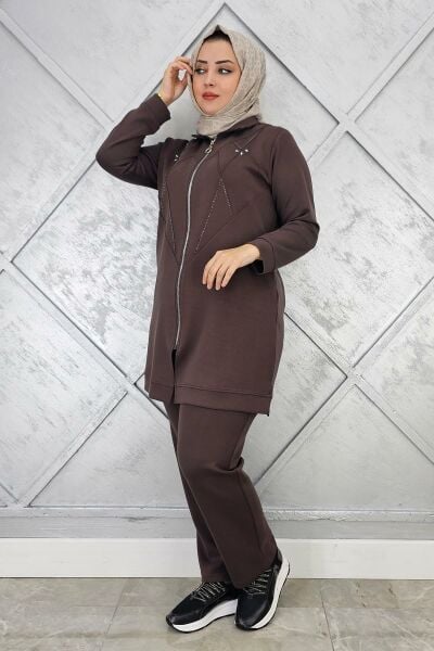 KADIN TAŞ DETAYLI FERMUARLI TESETTÜR TAKIM KAHVERENGİ - 2 BEDEN