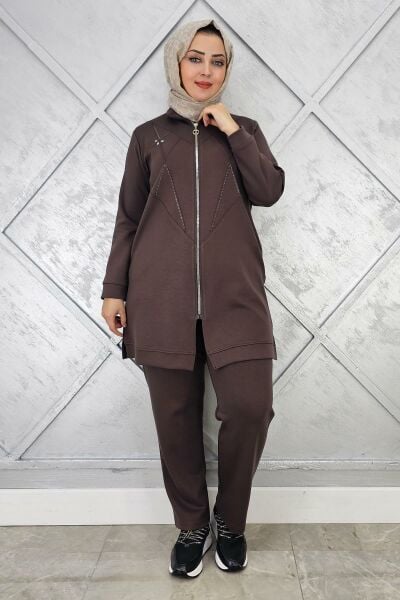 KADIN TAŞ DETAYLI FERMUARLI TESETTÜR TAKIM KAHVERENGİ - 2 BEDEN