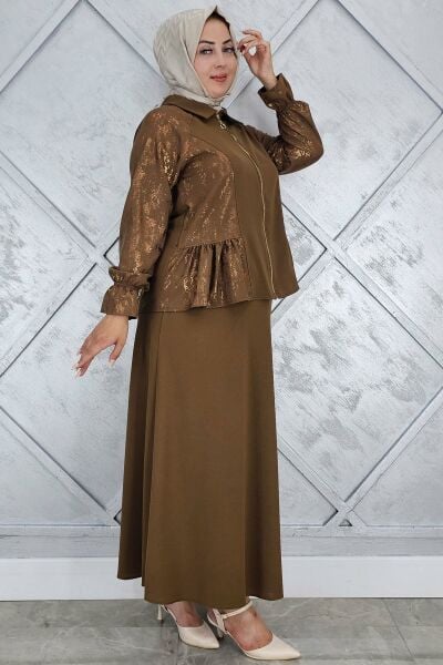 PYS KADIN BÜZGÜ DETAYLI TESETTÜR TAKIM KAHVERENGİ - 3 BEDEN
