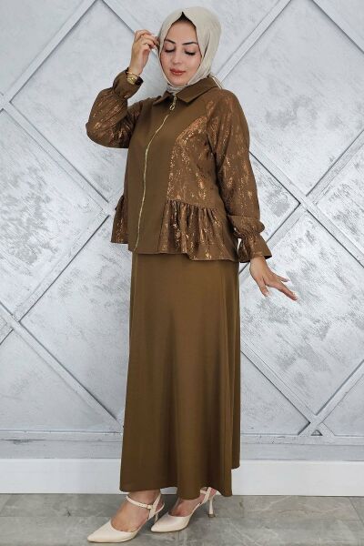 PYS KADIN BÜZGÜ DETAYLI TESETTÜR TAKIM KAHVERENGİ - 3 BEDEN