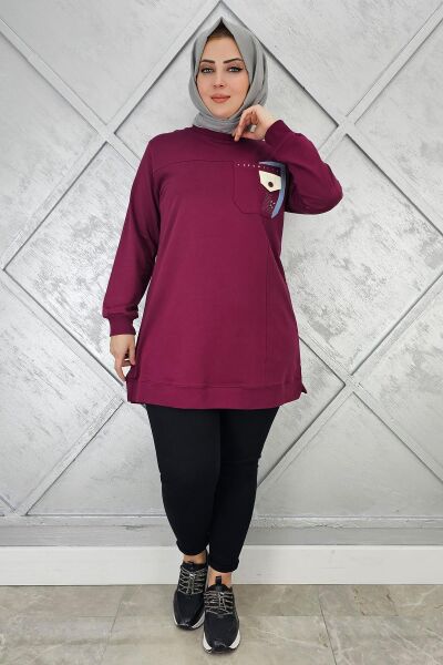 KADIN DÜĞME VE TAŞ DETAYLI TESETTÜR TUNİK BORDO - XL