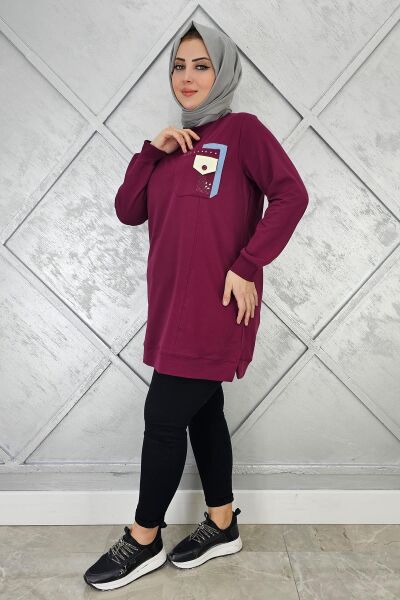 KADIN DÜĞME VE TAŞ DETAYLI TESETTÜR TUNİK BORDO - XL