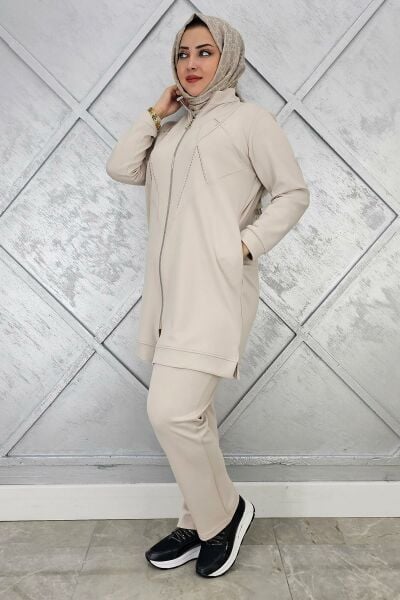 KADIN TAŞ DETAYLI FERMUARLI TESETTÜR TAKIM TAŞ - 4 BEDEN