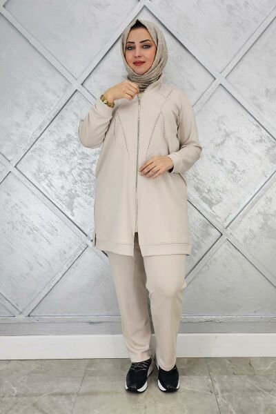 KADIN TAŞ DETAYLI FERMUARLI TESETTÜR TAKIM TAŞ - 4 BEDEN