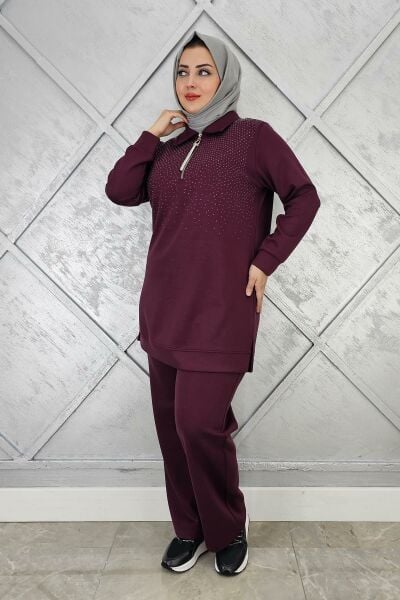 KADIN BEDEN TAŞ DRTAYLI TESETTÜR TAKIM BORDO - 5 BEDEN