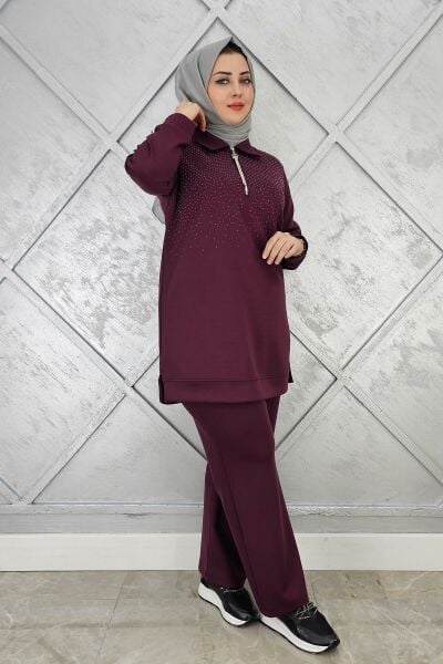 KADIN BEDEN TAŞ DRTAYLI TESETTÜR TAKIM BORDO - 5 BEDEN
