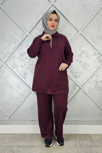 KADIN BEDEN TAŞ DRTAYLI TESETTÜR TAKIM BORDO - 5 BEDEN