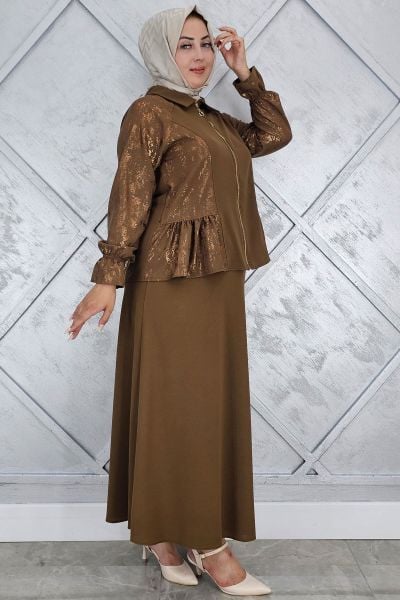 PYS KADIN BÜZGÜ DETAYLI TESETTÜR TAKIM KAHVERENGİ - 4 BEDEN