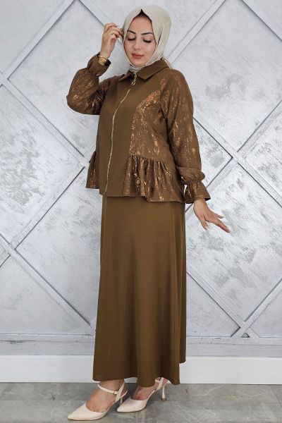 PYS KADIN BÜZGÜ DETAYLI TESETTÜR TAKIM KAHVERENGİ - 4 BEDEN