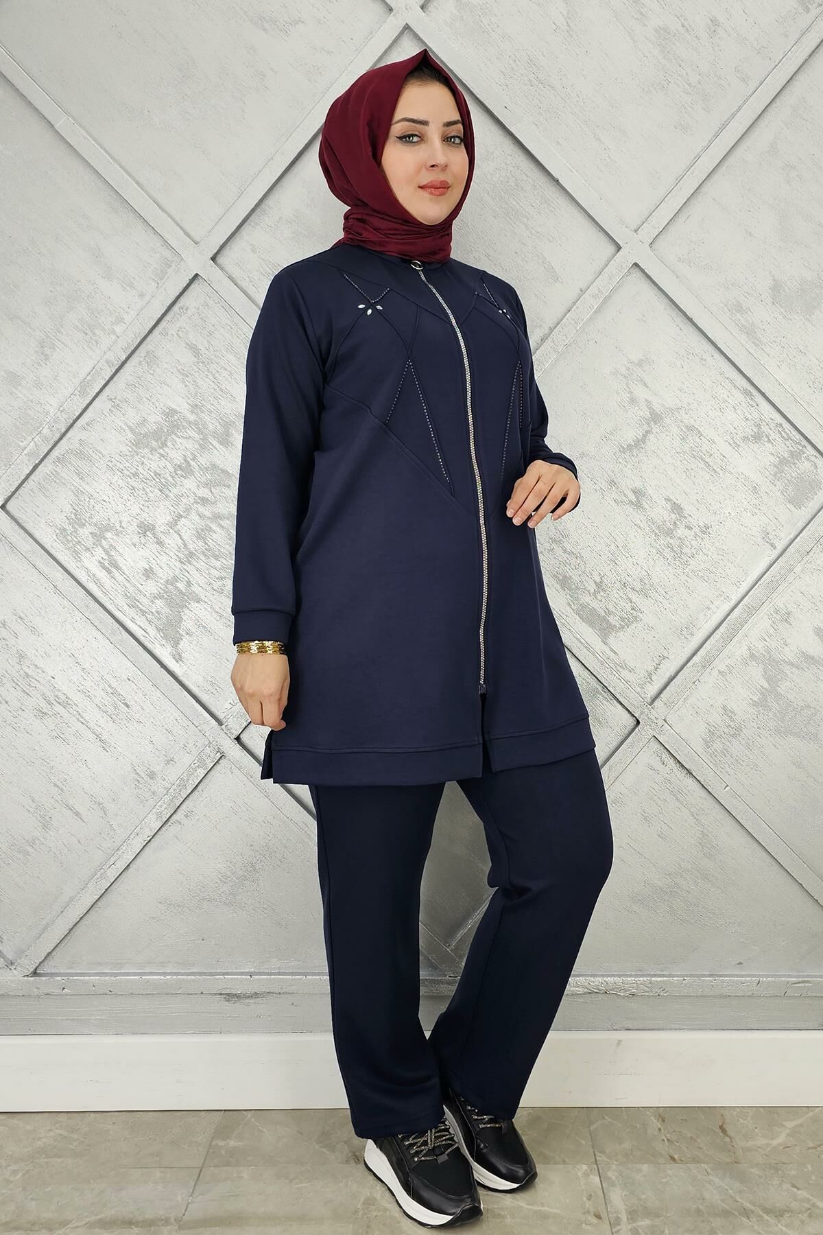 KADIN TAŞ DETAYLI FERMUARLI TESETTÜR TAKIM LACİVERT - 4 BEDEN