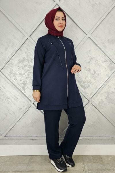 KADIN TAŞ DETAYLI FERMUARLI TESETTÜR TAKIM LACİVERT - 4 BEDEN