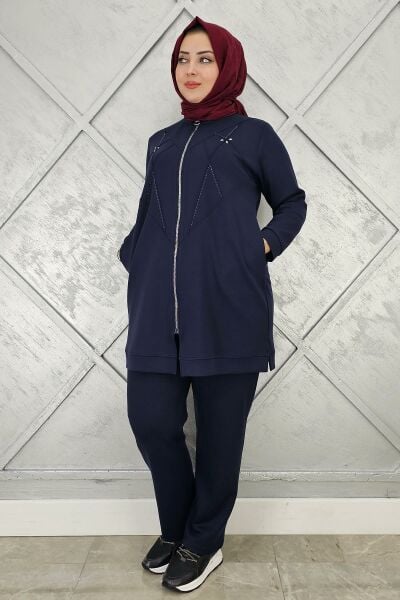 KADIN TAŞ DETAYLI FERMUARLI TESETTÜR TAKIM LACİVERT - 4 BEDEN