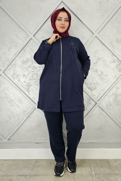 KADIN TAŞ DETAYLI FERMUARLI TESETTÜR TAKIM LACİVERT - 4 BEDEN