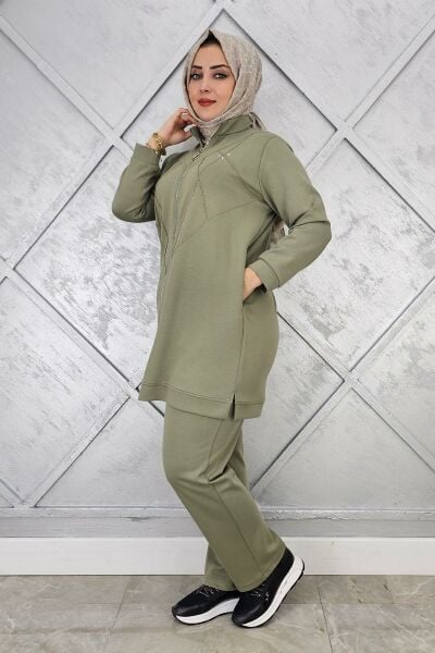 KADIN TAŞ DETAYLI FERMUARLI TESETTÜR TAKIM HAKİ - 3 BEDEN