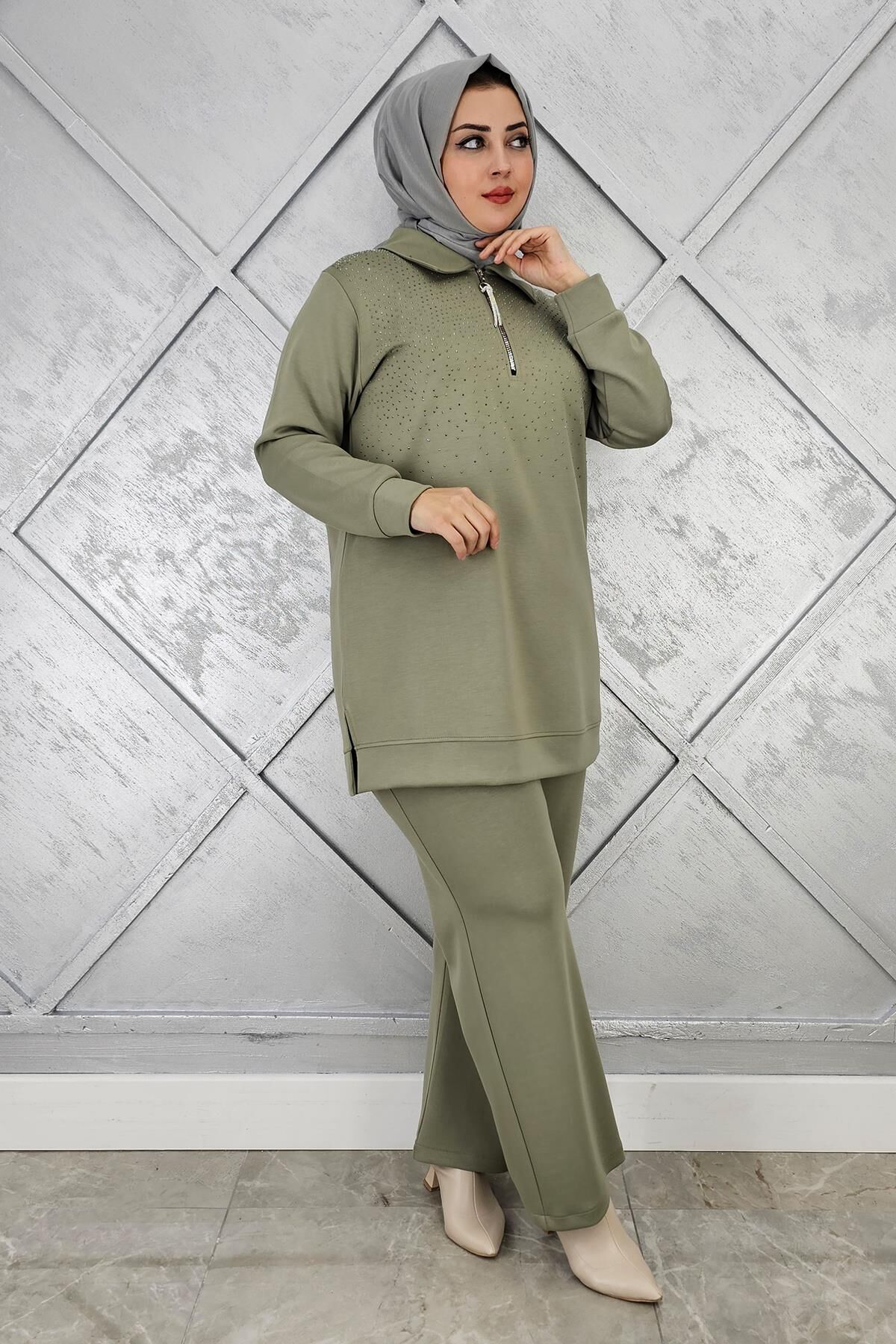 KADIN BEDEN TAŞ DRTAYLI TESETTÜR TAKIM HAKİ - 4 BEDEN