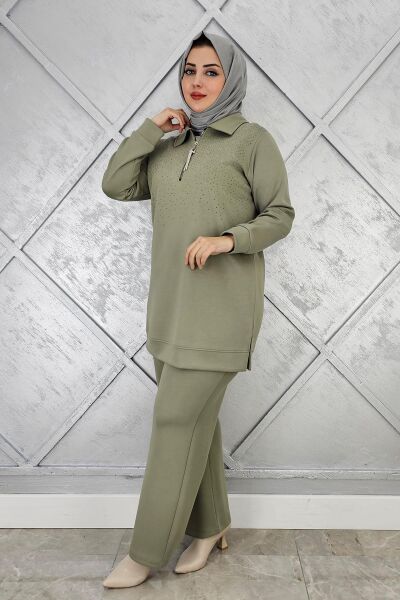 KADIN BEDEN TAŞ DRTAYLI TESETTÜR TAKIM HAKİ - 4 BEDEN