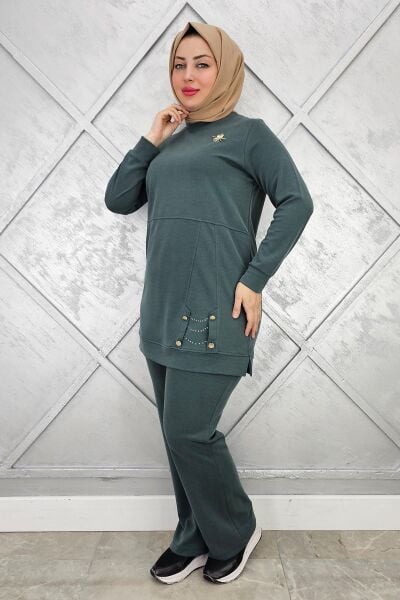 KADIN BROŞ DETAYLI TESETTÜR TAKIM YEŞİL - 2 BEDEN