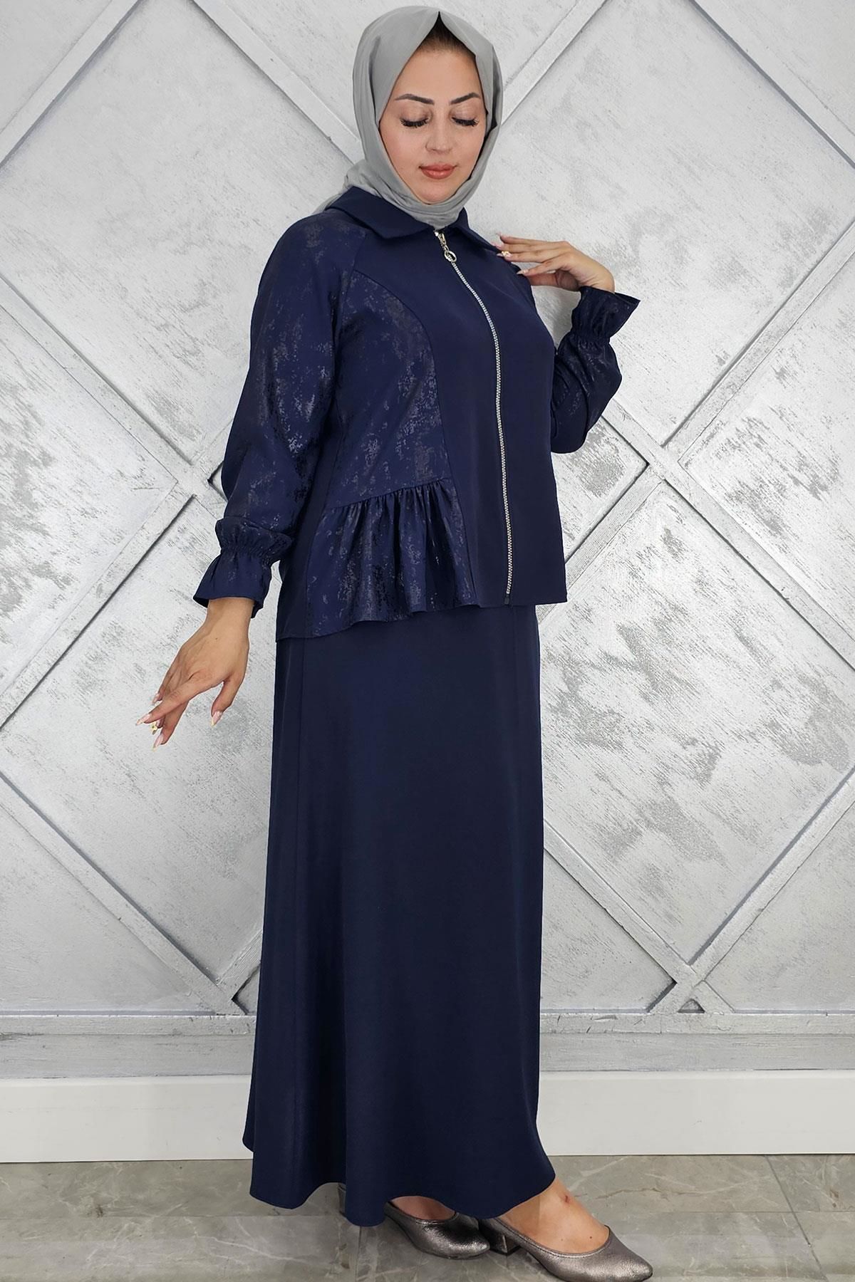 PYS KADIN BÜZGÜ DETAYLI TESETTÜR TAKIM LACİVERT - 3 BEDEN