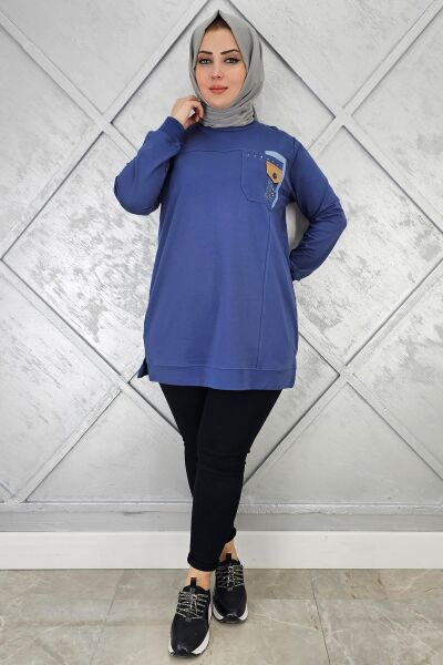 KADIN DÜĞME VE TAŞ DETAYLI TESETTÜR TUNİK MAVİ - L