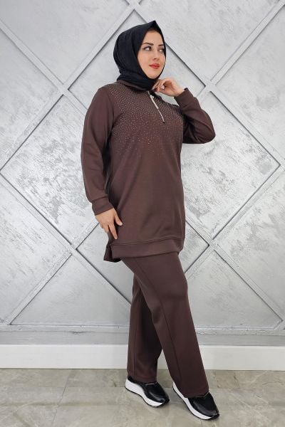 KADIN BEDEN TAŞ DRTAYLI TESETTÜR TAKIM KAHVERENGİ - 4 BEDEN