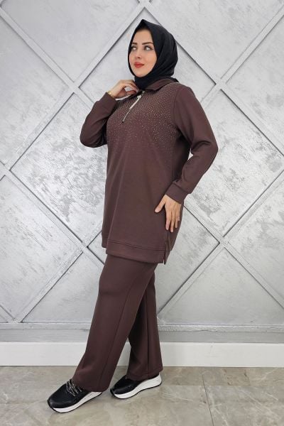 KADIN BEDEN TAŞ DRTAYLI TESETTÜR TAKIM KAHVERENGİ - 4 BEDEN