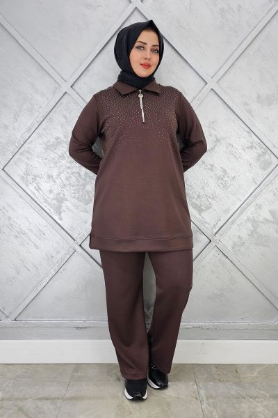 KADIN BEDEN TAŞ DRTAYLI TESETTÜR TAKIM KAHVERENGİ - 4 BEDEN