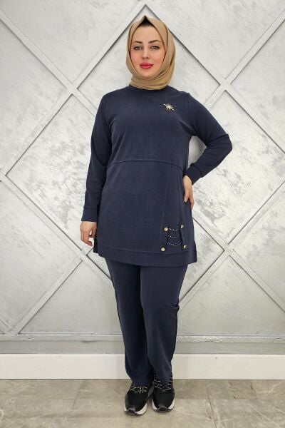 KADIN BROŞ DETAYLI TESETTÜR TAKIM LACİVERT - 5 BEDEN