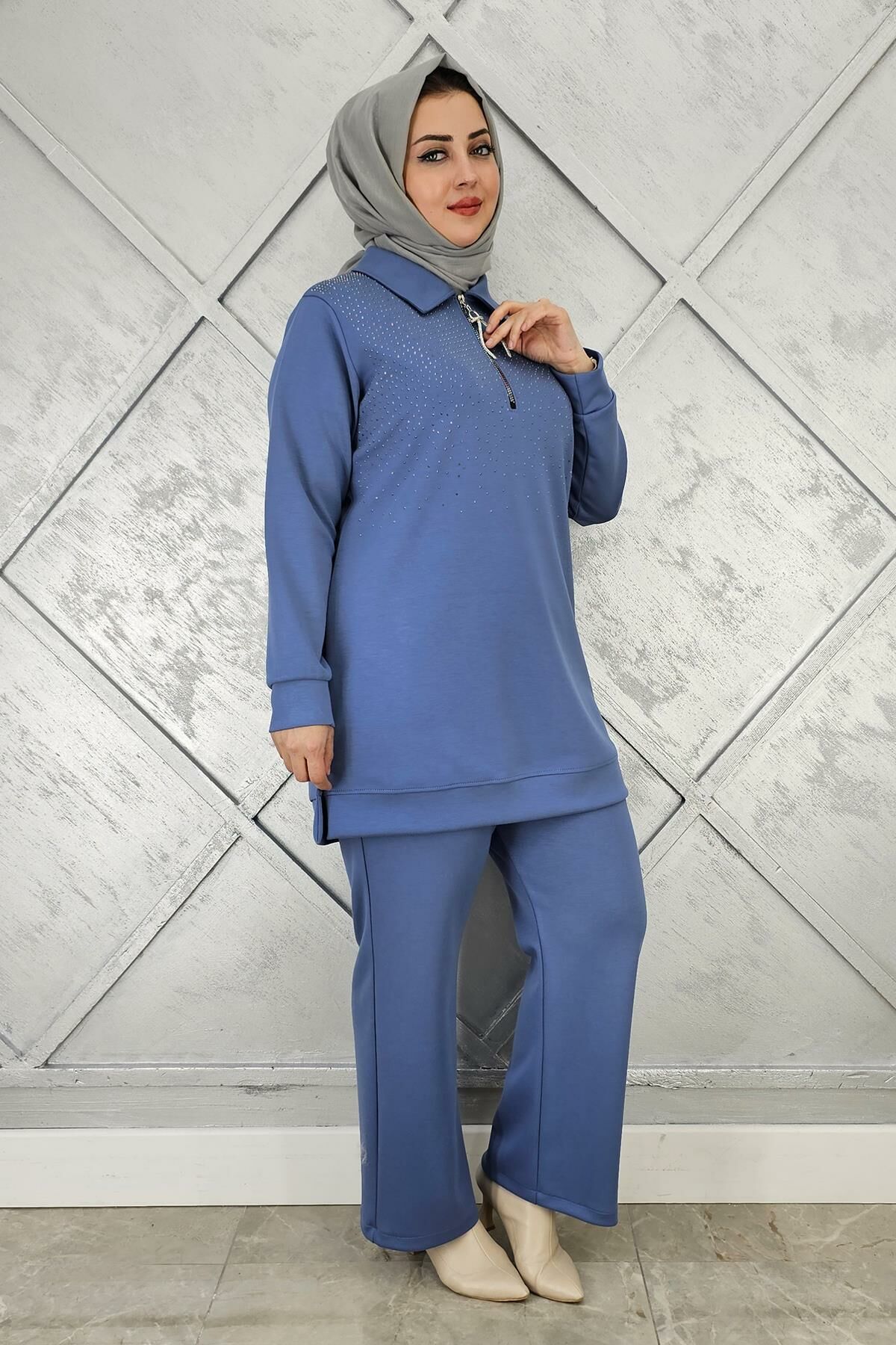 KADIN BEDEN TAŞ DRTAYLI TESETTÜR TAKIM MAVİ - 3 BEDEN