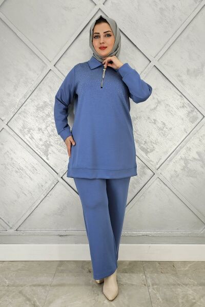 KADIN BEDEN TAŞ DRTAYLI TESETTÜR TAKIM MAVİ - 3 BEDEN