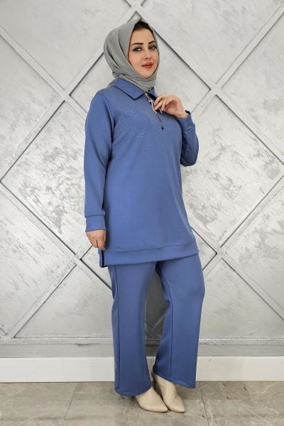 KADIN BEDEN TAŞ DRTAYLI TESETTÜR TAKIM MAVİ - 4 BEDEN
