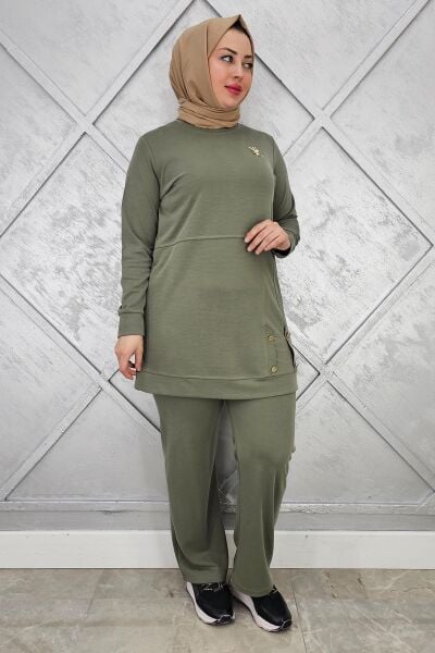 KADIN BROŞ DETAYLI TESETTÜR TAKIM HAKİ - 5 BEDEN