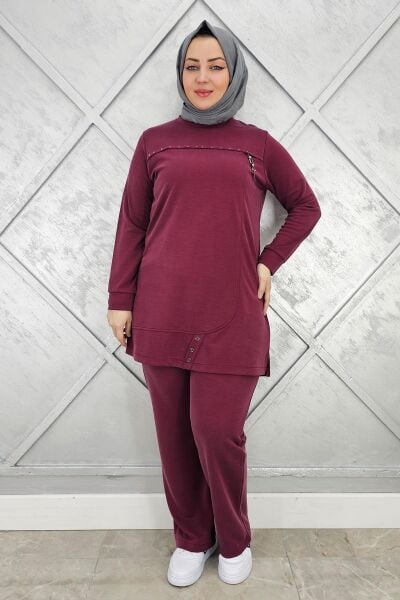 KADIN DÜĞME VE TAŞ DETAYLI TESETTÜR TAKIM BORDO - 5 BEDEN