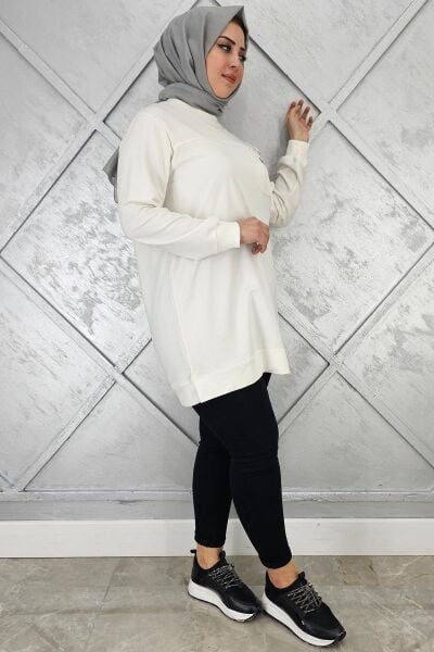 KADIN DÜĞME VE TAŞ DETAYLI TESETTÜR TUNİK EKRU - 3XL