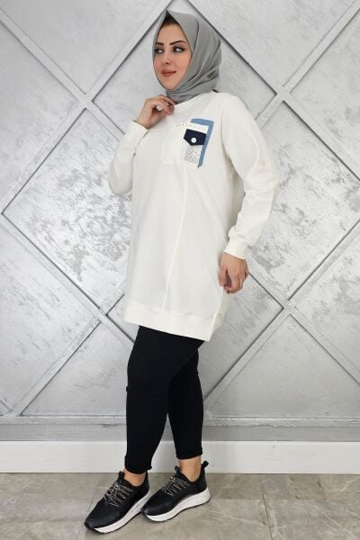 KADIN DÜĞME VE TAŞ DETAYLI TESETTÜR TUNİK EKRU - 3XL