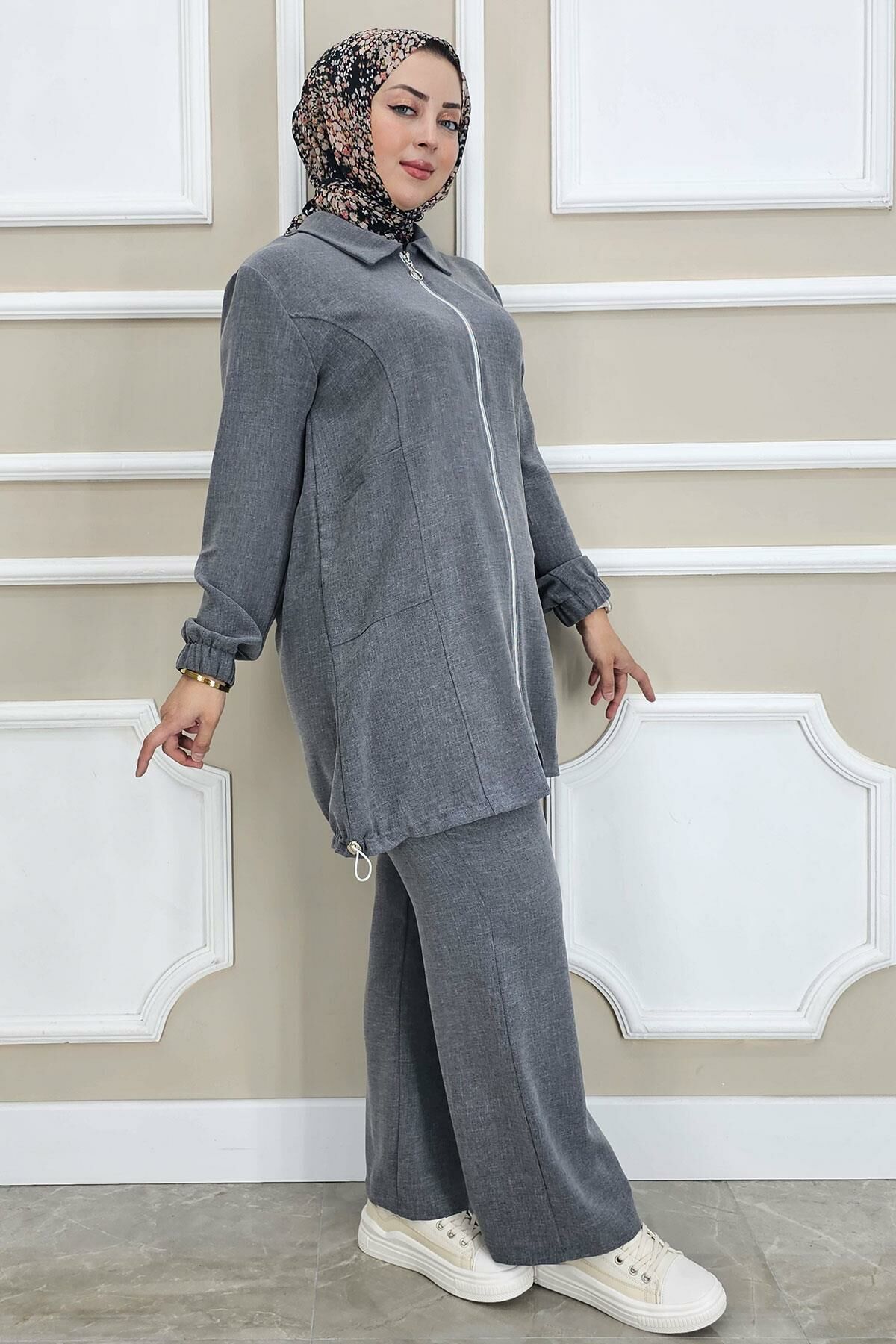 PYS KADIN FERMUARLI TESETTÜR TUNİK GRİ - 4 BEDEN