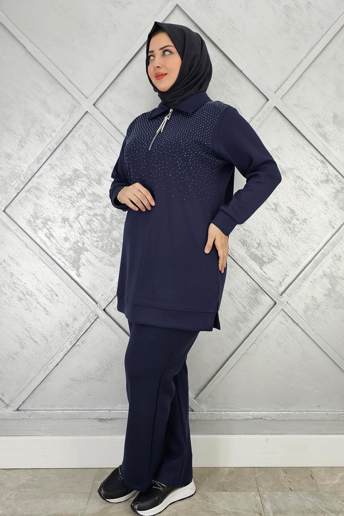 KADIN BEDEN TAŞ DRTAYLI TESETTÜR TAKIM LACİVERT - 2 BEDEN