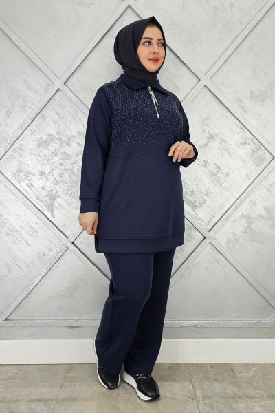 KADIN BEDEN TAŞ DRTAYLI TESETTÜR TAKIM LACİVERT - 2 BEDEN