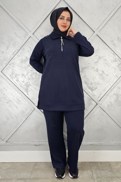 KADIN BEDEN TAŞ DRTAYLI TESETTÜR TAKIM LACİVERT - 2 BEDEN