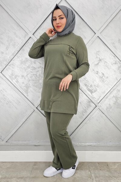 KADIN DÜĞME VE TAŞ DETAYLI TESETTÜR TAKIM HAKİ - 3 BEDEN