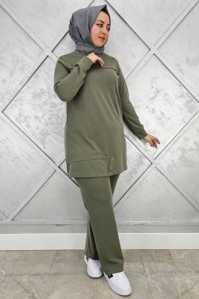 KADIN DÜĞME VE TAŞ DETAYLI TESETTÜR TAKIM HAKİ - 3 BEDEN