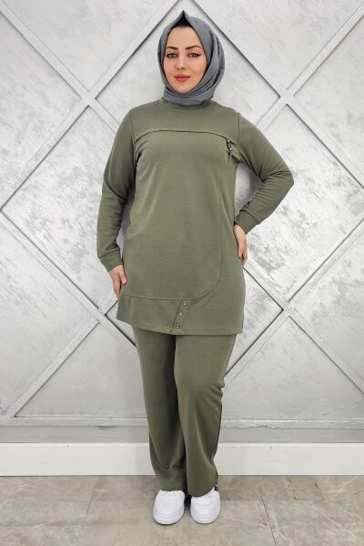 KADIN DÜĞME VE TAŞ DETAYLI TESETTÜR TAKIM HAKİ - 3 BEDEN