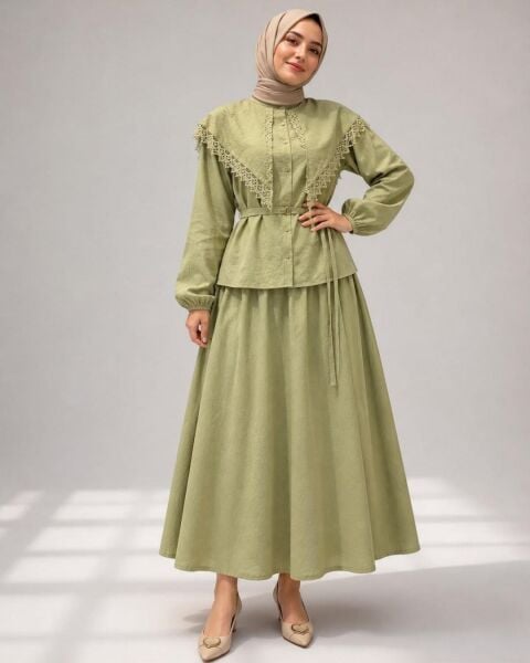 NEVA 3457 LİOSELL YAKA DANTELLİ ETEKLİ TAKIM YEŞİL - L-XL