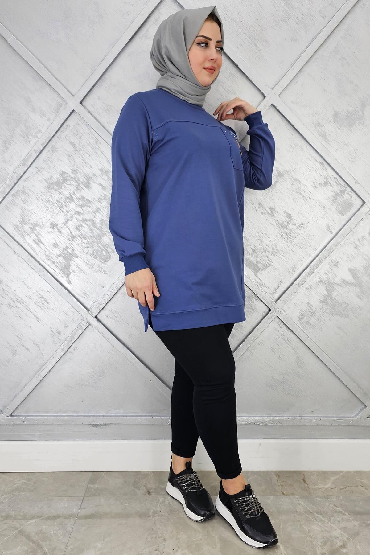 KADIN DÜĞME VE TAŞ DETAYLI TESETTÜR TUNİK MAVİ - 2XL