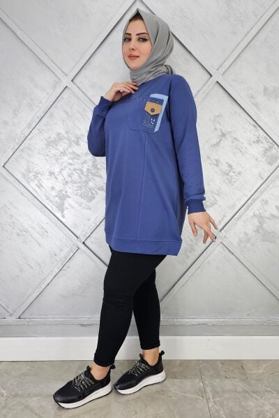 KADIN DÜĞME VE TAŞ DETAYLI TESETTÜR TUNİK MAVİ - 2XL