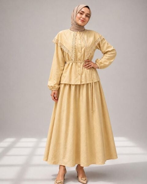 NEVA 3457 LİOSELL YAKA DANTELLİ ETEKLİ TAKIM SARI - L-XL