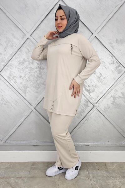 KADIN DÜĞME VE TAŞ DETAYLI TESETTÜR TAKIM TAŞ - 4 BEDEN