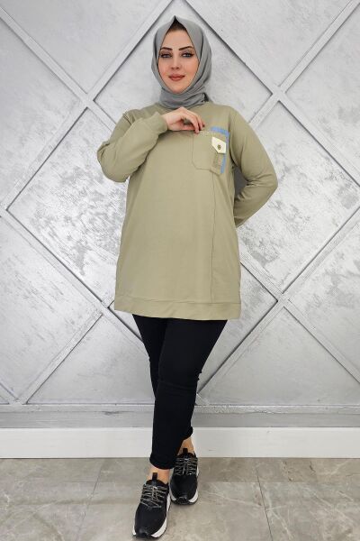 KADIN DÜĞME VE TAŞ DETAYLI TESETTÜR TUNİK MİNT YEŞİLİ - XL